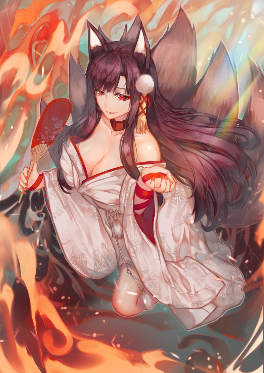 1girl, absurdres, akagi_(azur_lane), akagi_(deep_crimson_poppy)_(azur_lane), animal_ears, azur_lane, bare_shoulders, black_hair