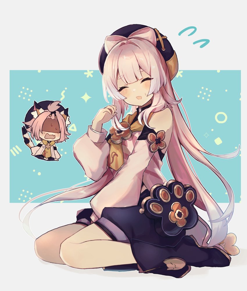 2girls, :d, ^_^, absurdres, animal_ears, animal_print, bare_shoulders, black_footwear