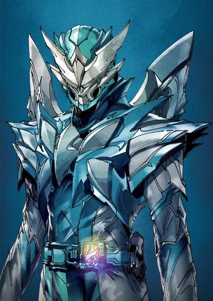 1boy, armor, arms_at_sides, belt, blue_background, blue_bodysuit, blue_headwear, bodysuit, glowing, helmet, highres, holy_live, kamen_rider, kamen_rider_live, kamen_rider_revice, male_focus, paintedmike, shoulder_armor, simple_background, sketch, solo, standing, two_sidriver, white_wings, wing_genome, wings