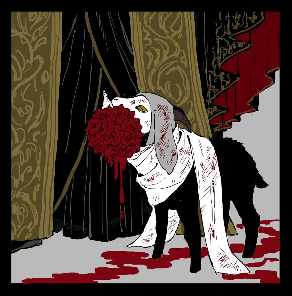 animalization, black_border, blood, border, bouquet, elden_ring, flower, goat
