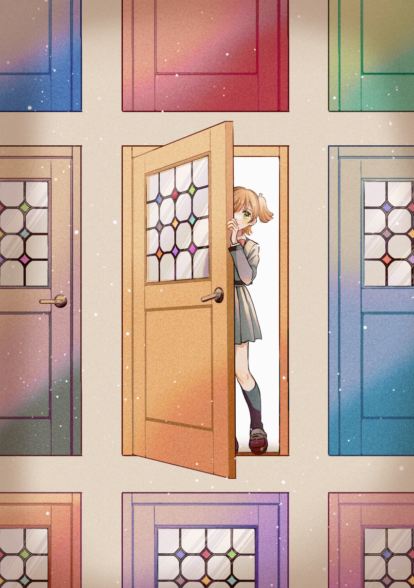 1girl, absurdres, black_socks, blonde_hair, bow, bowtie, brown_shoes, closed_mouth