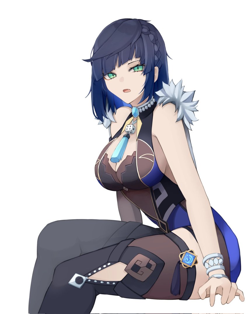 1girl, backless_dress, backless_outfit, bare_shoulders, black_hair, black_thighhighs, blue_dress, blunt_bangs