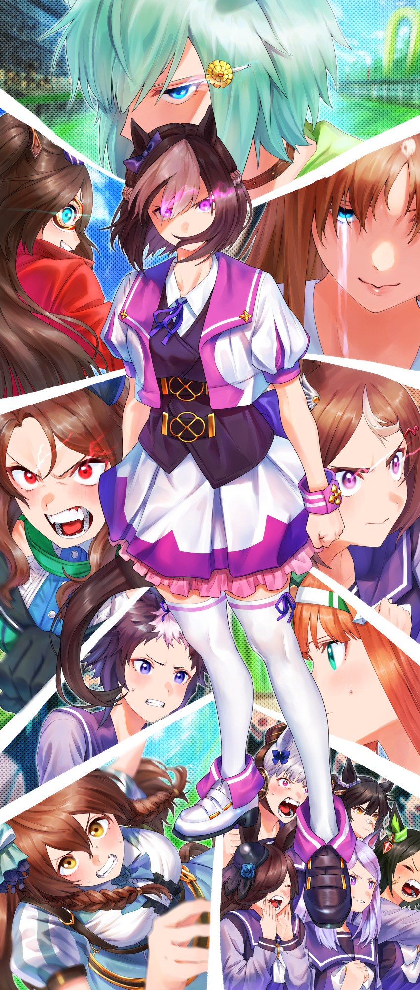 6+girls, absurdres, blush, commentary_request, el_condor_pasa_(umamusume), glowing, glowing_eye, glowing_eyes