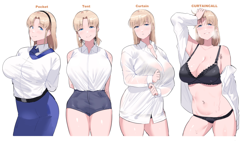 1girl, absurdres, arm_up, arms_behind_back, black_bra, black_panties, blonde_girl_(okpriko), blonde_hair, blue_eyes, blue_necktie, blue_shorts, blue_skirt, blush, bra, breasts, cleavage, closed_mouth, collared_shirt, commentary, cowboy_shot, curtain_call_challenge_(meme), denim, denim_shorts, dress_shirt, english_commentary, english_text, hand_on_own_head, heavy_breathing, highres, large_breasts, legs_apart, long_hair, long_sleeves, looking_at_viewer, meme, multiple_views, navel, necktie, neckwear_lift, no_pants, off_shoulder, okpriko, open_clothes, open_shirt, original, panties, parted_bangs, parted_lips, see-through_clothes, see-through_shirt, shirt, shirt_tucked_in, shorts, simple_background, skirt, sleeveless, sleeveless_shirt, smile, stomach, sweat, tareme, taut_clothes, taut_shirt, thighs, underwear, white_background, white_shirt