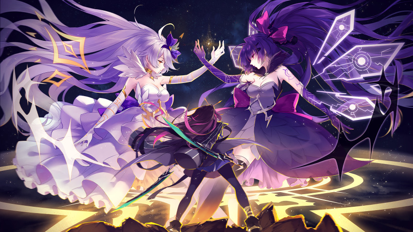 back, bare_shoulders, honkai_gakuen, black_cape, blue_dress, bow, breasts, brown_legwear