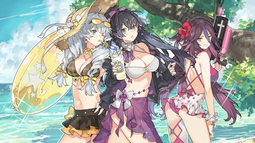 3girls, :d, :o, alternate_eye_color, ass, back, beach, honkai_gakuen