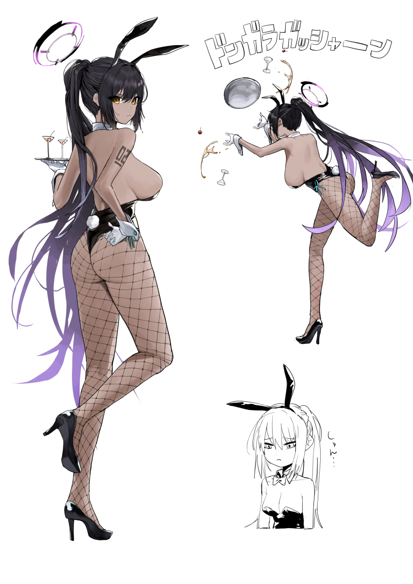 1girl, absurdres, animal_ears, ass, bare_back, bare_shoulders, black_footwear, black_hair