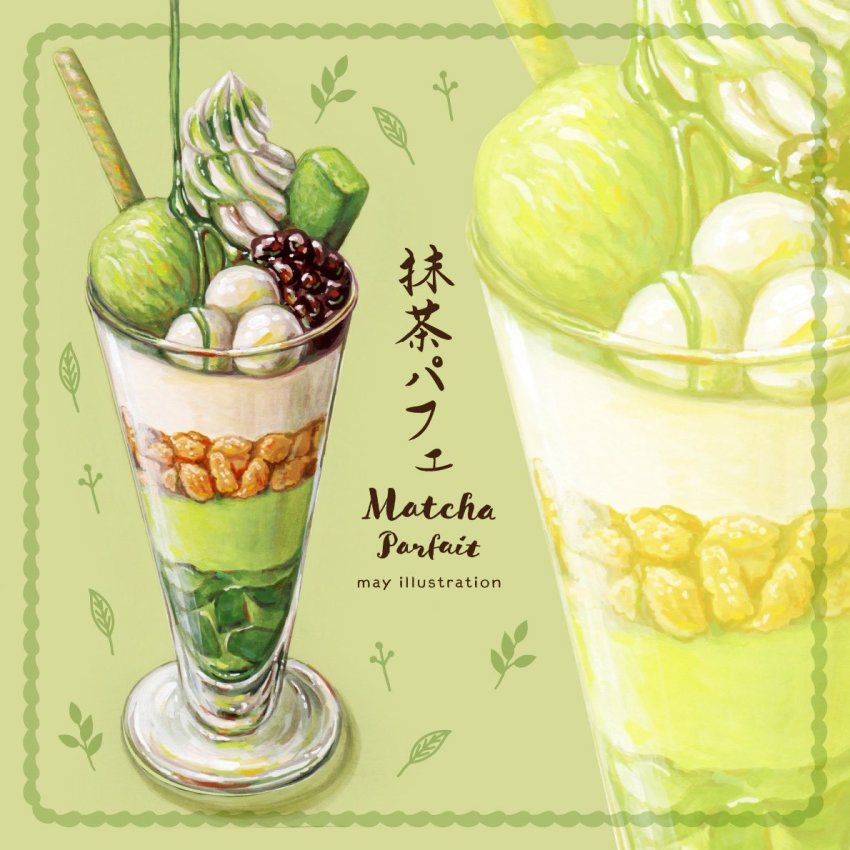 acrylic_paint_(medium), commentary_request, drawing, drink, english_text, food, food_focus, green_background, green_theme, layered_drink, matcha_(tea), may_illust5, mochi, no_humans, original, painting_(medium), parfait, still_life, syrup, tagme, traditional_media, translation_request, wafer_stick