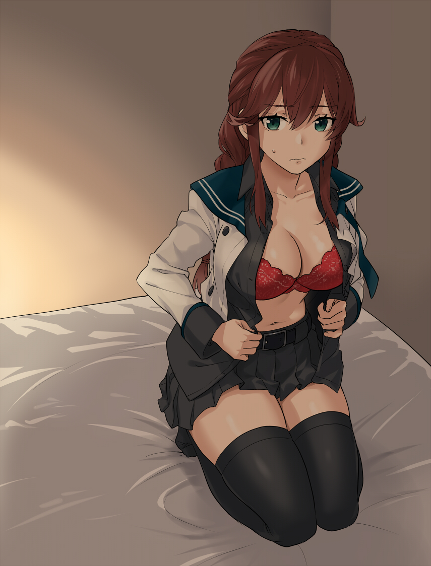 1girl, bed, black_sailor_collar, black_skirt, bra, braid, brown_hair, commentary_request