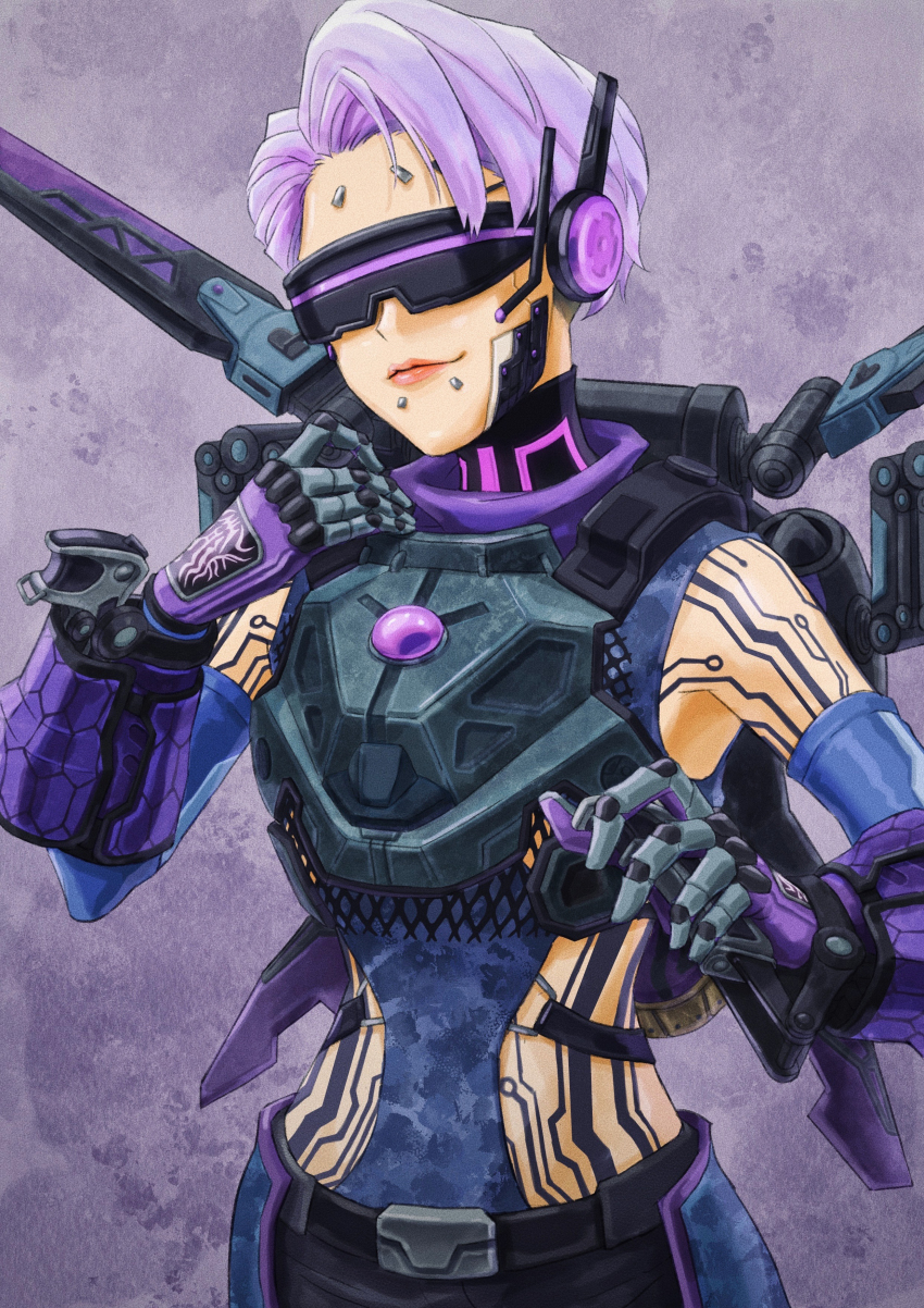 1girl, absurdres, air_orchid_valkyrie, apex_legends, belt, black_belt, elbow_gloves, face_piercing