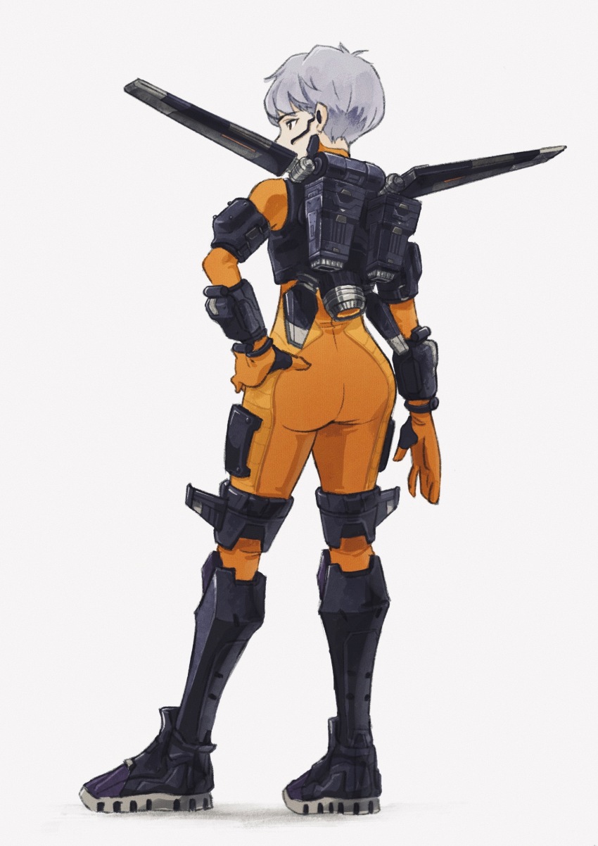 1girl, absurdres, apex_legends, armored_boots, ass, black_boots, bodysuit, boots