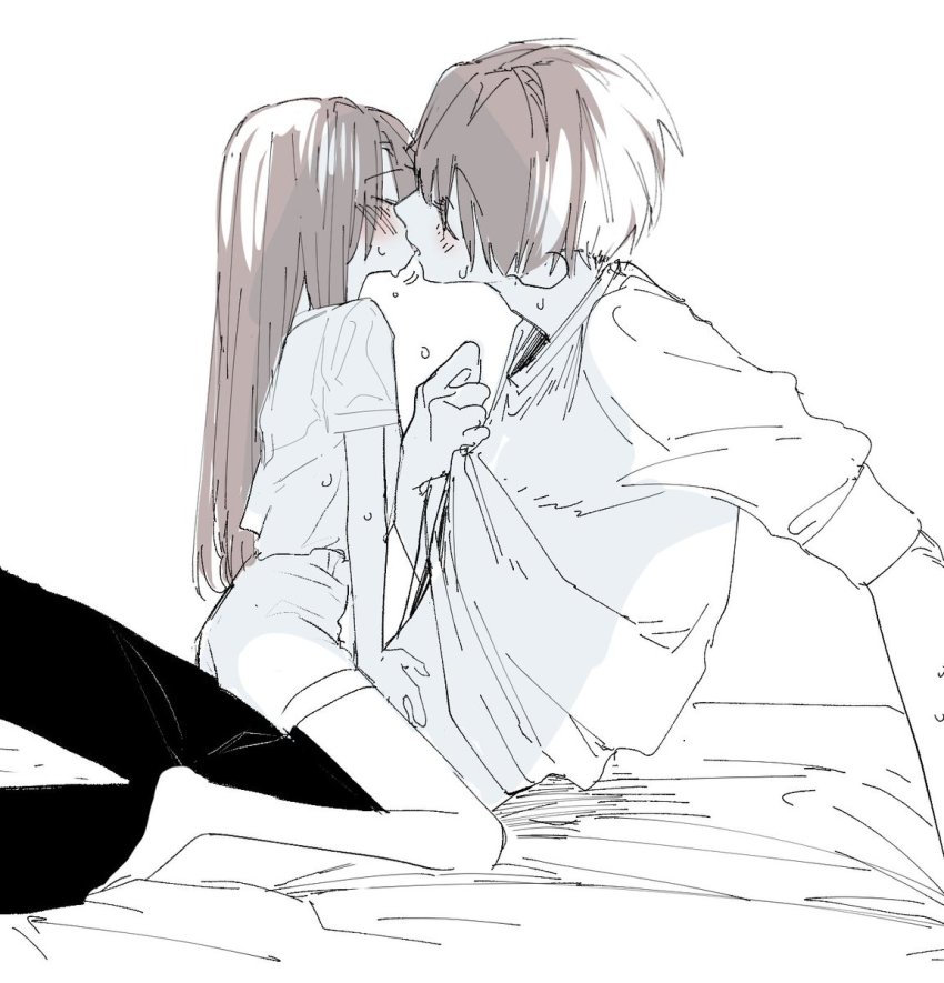 1boy, 1girl, age_difference, arm_support, bed, black_pants, blush, brother_and_sister, child, clothes_grab, clothes_lift, feet_out_of_frame, from_side, full_body, hetero, highres, honnryou_hanaru, incest, kiss, lifting_own_clothes, light_brown_hair, limited_palette, long_hair, on_bed, on_lap, original, pants, raised_eyebrows, shirt, shirt_lift, short_hair, short_sleeves, siblings, simple_background, sitting, sitting_on_person, sketch, sleeves_rolled_up, spot_color, straddling, sweat, very_short_hair, wet, wet_clothes, wet_shirt, white_background
