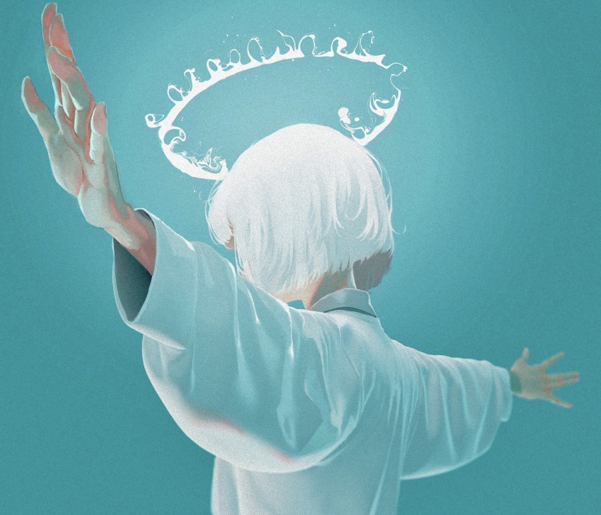 1girl, back, blurry, blurry_background, bob_cut, from_behind, halo, highres