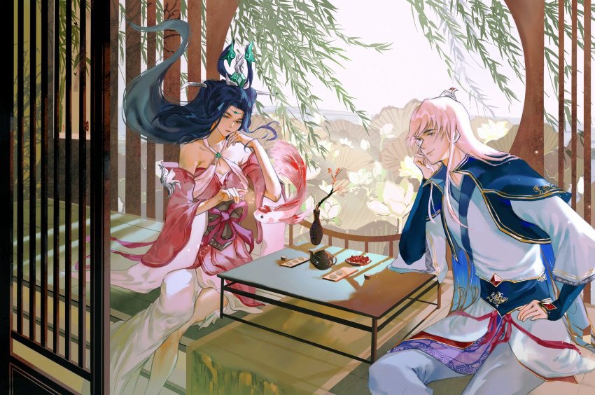 antares16853917, blue_hair, dress, enduring_sword_talon, flower, halterneck, highres, janna_(league_of_legends)