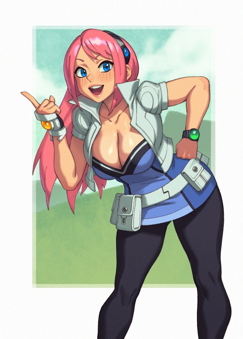 1girl, belt, blue_eyes, breasts, cleavage, collarbone, dress, hairband, highres, jacket, jeena_(spectrobes), large_breasts, lipstick, long_hair, makeup, pantyhose, pink_hair, riz, short_sleeves, smile, solo, spectrobes_(series), thick_thighs, thighs