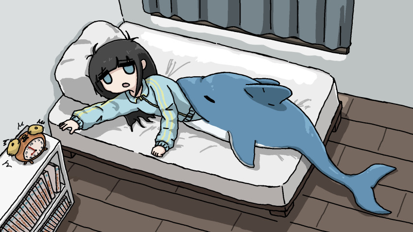 1girl, alarm_clock, bed, black_hair, blue_eyes, blunt_bangs, book, bookshelf, clock, dolphin, fuchina_(fucinami), funo-chan_(fuchina), highres, indoors, long_hair, long_sleeves, looking_away, on_bed, open_mouth, original, pajamas, pillow, solo