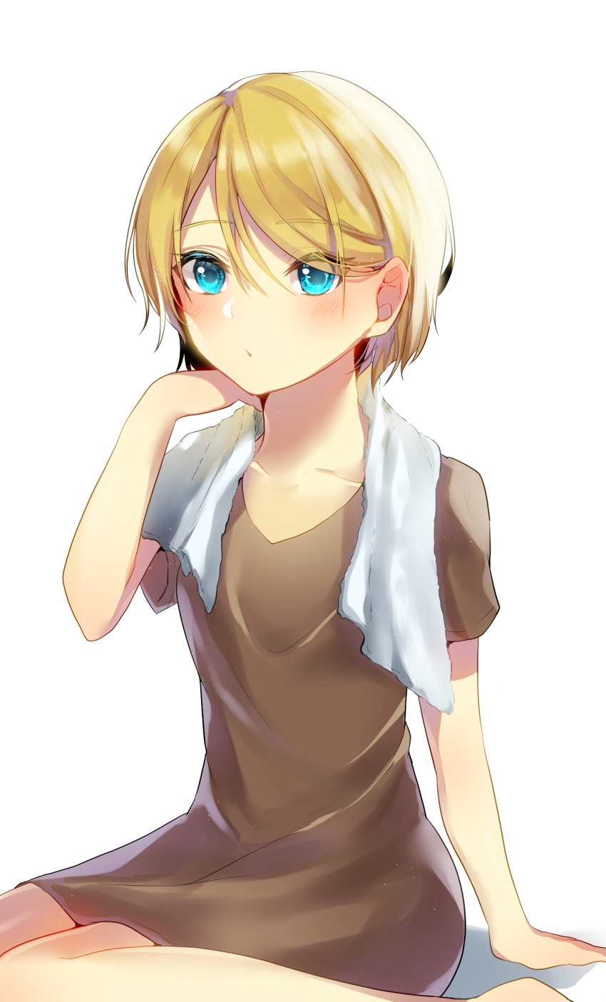 1girl, aryuma772, blonde_hair, blue_eyes, blush, brown_dress, collarbone, dress, evillious_nendaiki, hair_between_eyes, highres, kagamine_rin, levia_barisol, short_dress, short_hair, short_sleeves, simple_background, sitting, solo, swept_bangs, towel, towel_around_neck, vocaloid, white_background