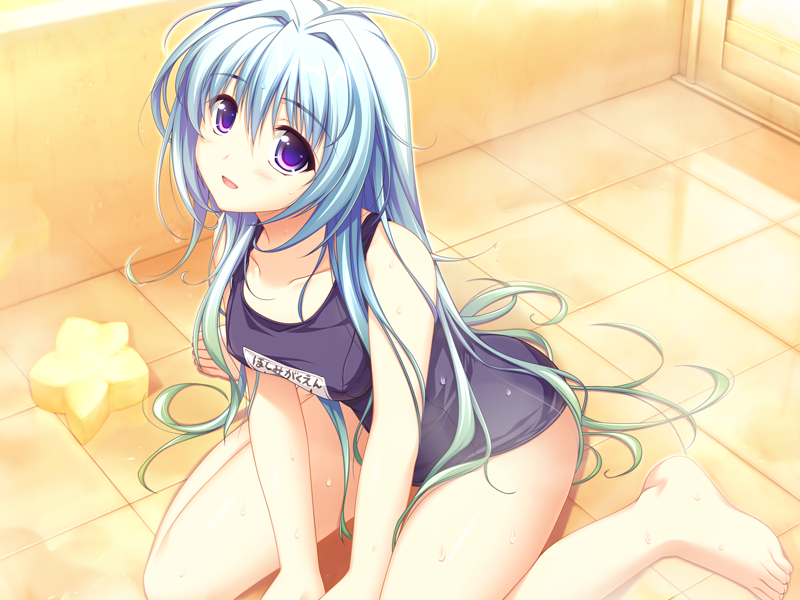 1girl, :d, ahoge, alpha_(yukai_na_nakamatachi), barefoot, between_legs, blue_one-piece_swimsuit, blush