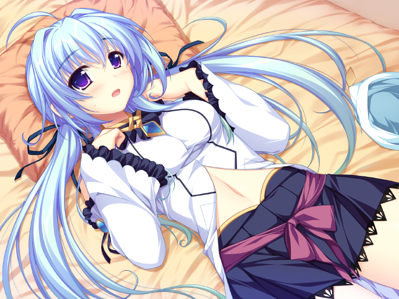 1girl, ahoge, alpha_(yukai_na_nakamatachi), bed_sheet, blue_skirt, blush, detached_sleeves, game_cg