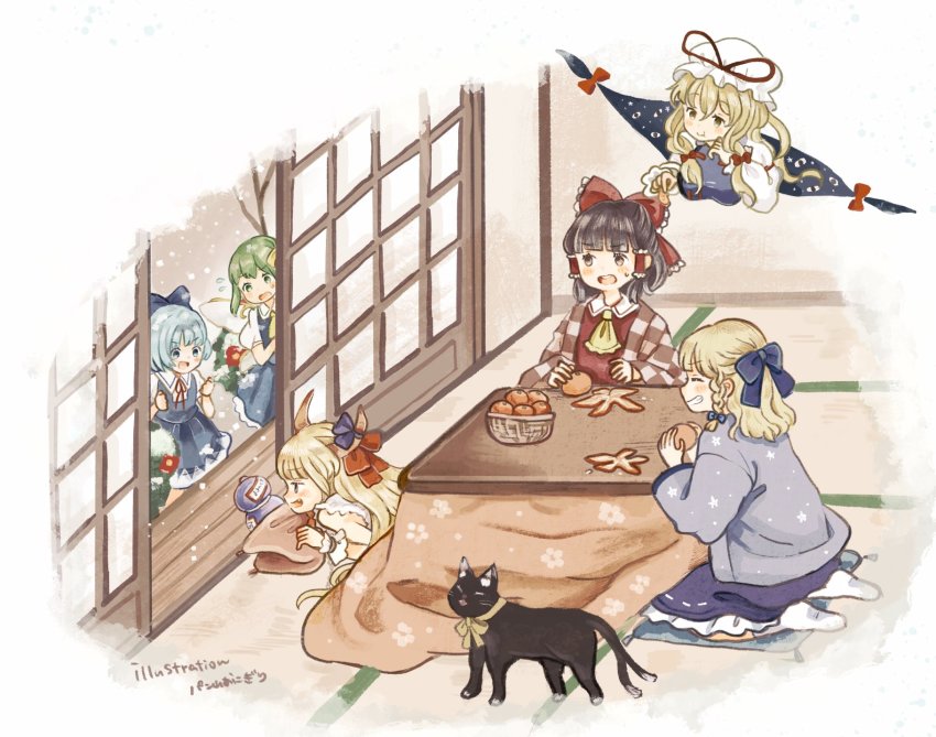 6+girls, :d, animal_ears, blonde_hair, blue_bow, blush, bow, braid, cat_ears, cat_tail, chen, chen_(cat), cirno, closed_eyes, commentary_request, daiyousei, eating, fairy_wings, food, frilled_bow, frills, fruit, gap_(touhou), gourd, green_eyes, green_hair, grin, hair_bow, hair_tubes, hakurei_reimu, haori, hat, hat_ribbon, highres, horn_ornament, horn_ribbon, horns, ibuki_suika, ice, ice_wings, japanese_clothes, kirisame_marisa, kotatsu, mandarin_orange, mob_cap, multiple_girls, multiple_tails, nekomata, nontraditional_miko, one_side_up, oni_horns, onigiri_(ginseitou), open_mouth, red_bow, red_ribbon, ribbon, shouji, single_braid, sitting, sliding_doors, smile, snow, snowing, sweatdrop, table, tail, touhou, two_tails, whiskers, white_headwear, wings, yakumo_yukari