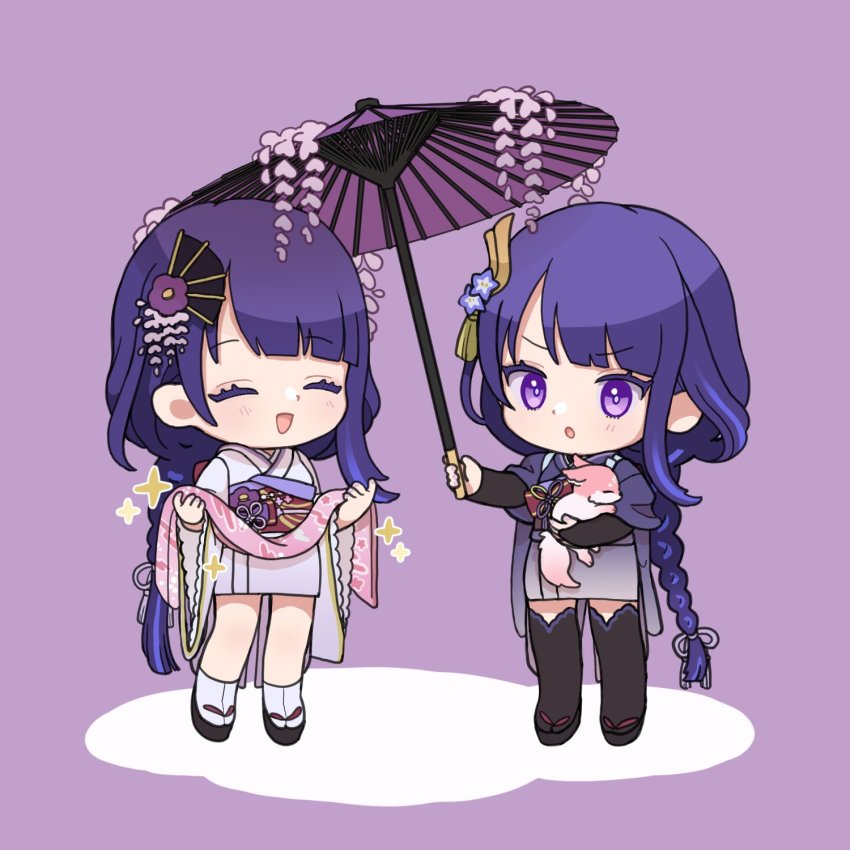 2girls, :d, ^_^, animal, black_footwear, black_legwear, blush, braid, chibi, closed_eyes, fan_hair_ornament, flower, genshin_impact, hair_flower, hair_ornament, highres, holding, holding_animal, holding_umbrella, idomiz, japanese_clothes, kimono, long_braid, long_hair, long_sleeves, low-braided_long_hair, low-tied_long_hair, makoto_(genshin_impact), multiple_girls, obi, obiage, oil-paper_umbrella, okobo, open_mouth, platform_sandals, purple_flower, purple_hair, purple_kimono, purple_umbrella, raiden_shogun, red_sash, sandals, sash, siblings, sidelocks, sisters, smile, socks, sparkle, spoilers, tabi, thighhighs, umbrella, very_long_hair, white_kimono, white_legwear, wide_sleeves, wisteria, yae_miko, yae_miko_(fox)