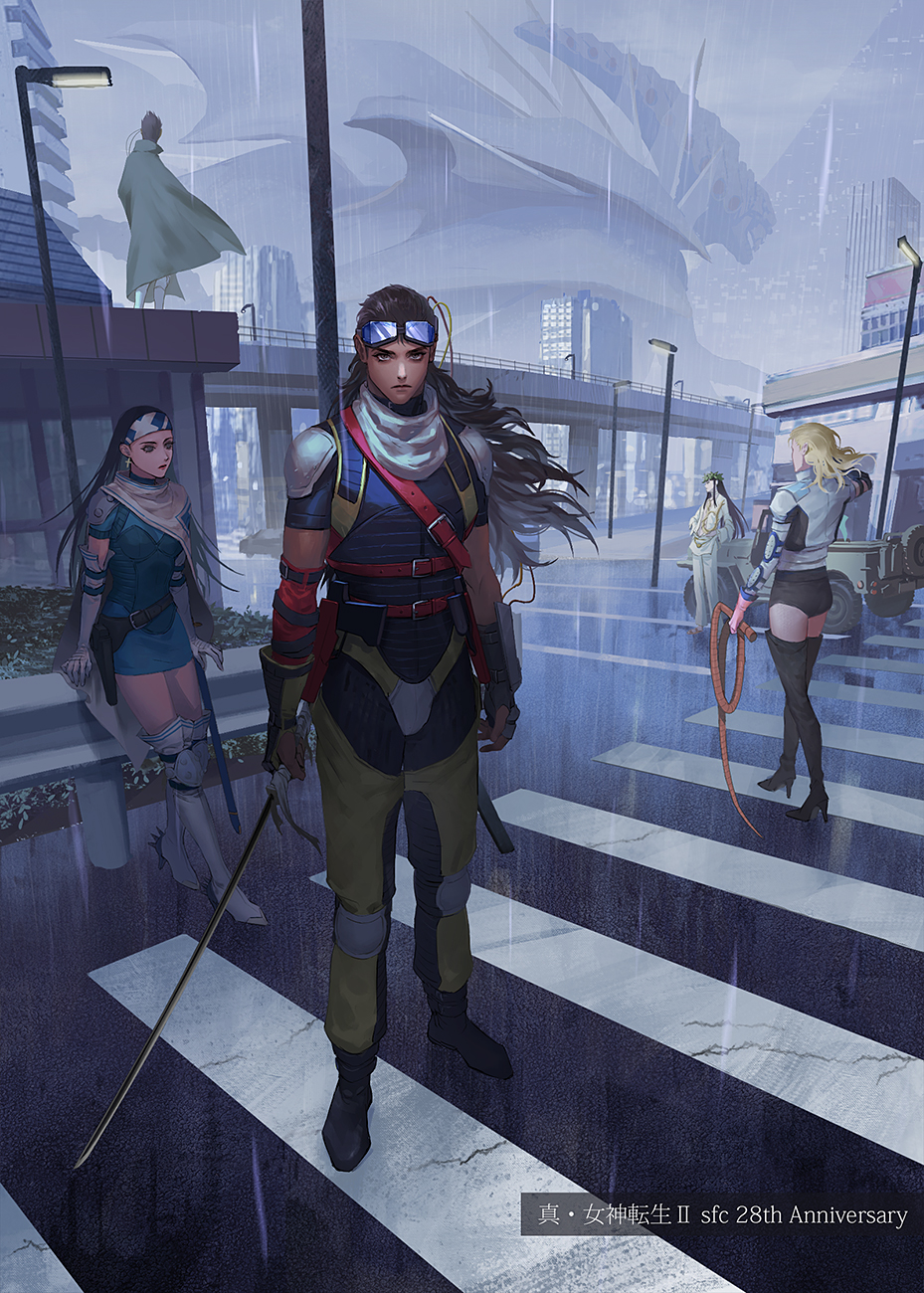 2girls, 4boys, against_railing, aleph_(megami_tensei), armor, asymmetrical_clothes, asymmetrical_gloves, beth_(megami_tensei)