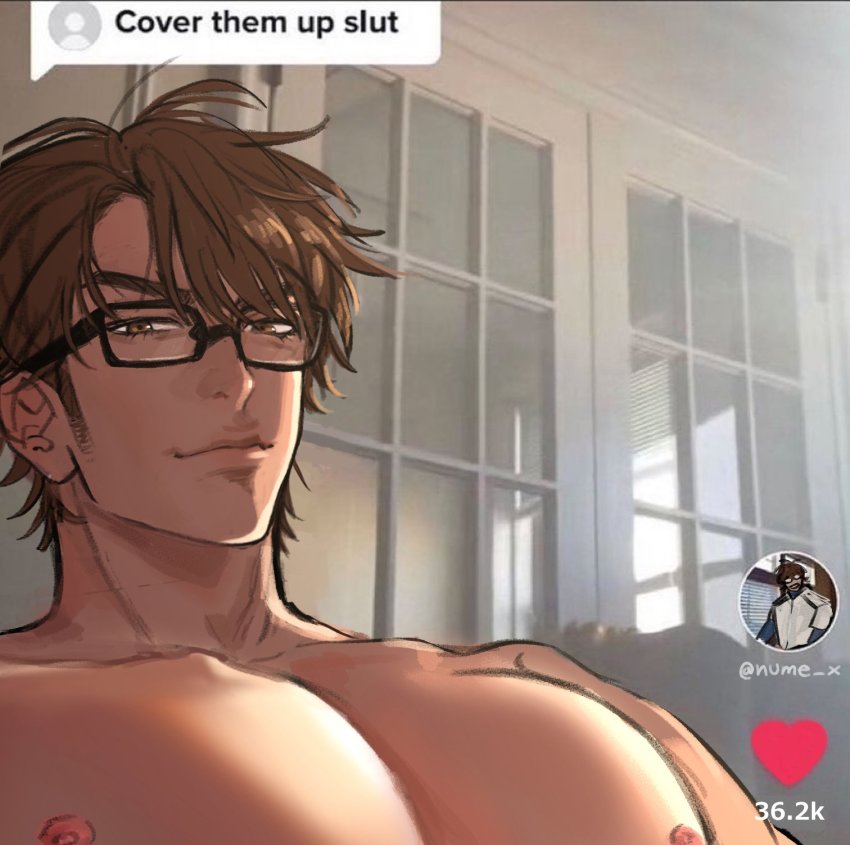 1boy, ace_of_diamond, bara, brown_eyes, brown_hair, closed_mouth, cover_them_up_slut_(meme), dialogue_box, glasses, heart, highres, large_pectorals, looking_at_viewer, male_focus, meme, miyuki_kazuya, muscular, muscular_male, nipples, nume_x, pectoral_focus, pectorals, short_hair, sideburns, solo, tiktok, twitter_username, upper_body, video_game_dialogue_box