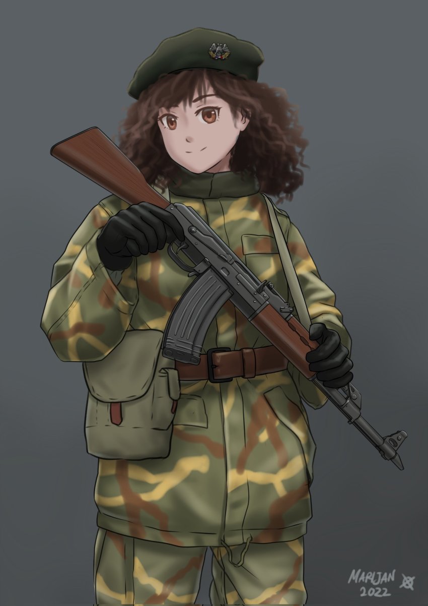 1girl, 2022, artist_name, assault_rifle, belt, beret, black_gloves, brown_belt