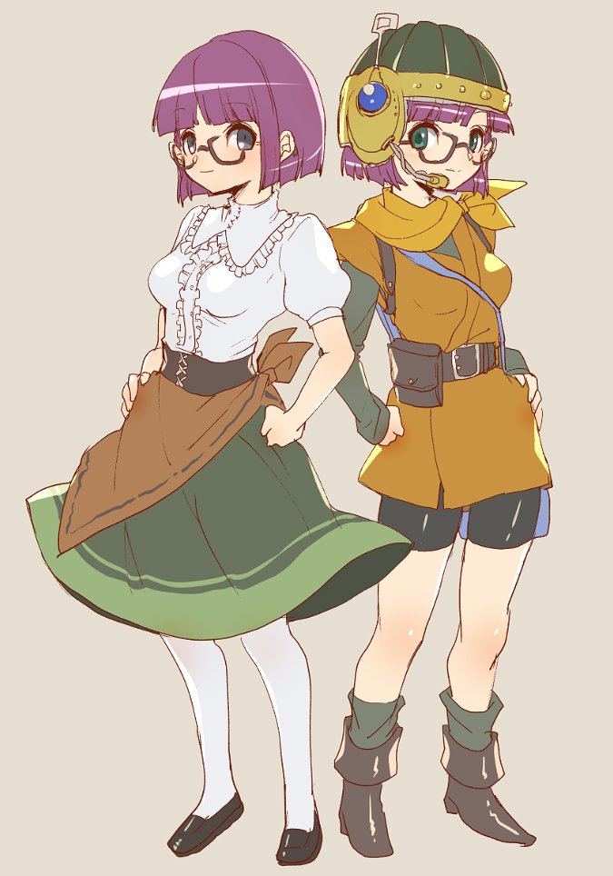 2girls, bike_shorts, blue_eyes, breasts, chrono_trigger, closed_mouth, full_body, glasses