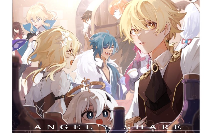 aether_(genshin_impact), bartender, beidou_(genshin_impact), blonde_hair, blue_eyes, blue_hair, bottle, braid, brother_and_sister, brown_hair, capelet, closed_eyes, crescent_(cgcrescent), diluc_(genshin_impact), drink, earrings, employee_uniform, eyepatch, fairy, flower, genshin_impact, hair_flower, hair_ornament, halo, hat, highres, jean_(genshin_impact), jewelry, kaeya_(genshin_impact), lisa_(genshin_impact), long_hair, long_sleeves, low-braided_long_hair, low-tied_long_hair, low_ponytail, lumine_(genshin_impact), open_mouth, paimon_(genshin_impact), parted_lips, ponytail, puffy_long_sleeves, puffy_sleeves, red_hair, rosaria_(genshin_impact), shenhe_(genshin_impact), siblings, smile, white_hair, witch_hat, yellow_eyes