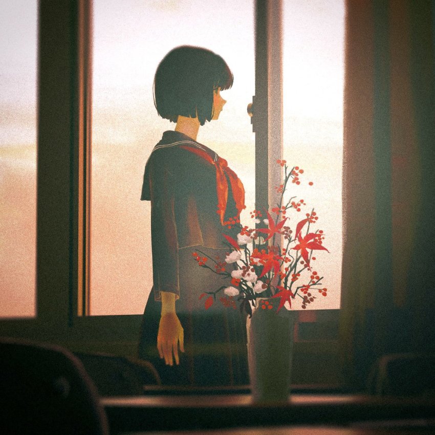 1girl, arms_at_sides, black_hair, black_shirt, black_skirt, blurry, blurry_foreground, bob_cut