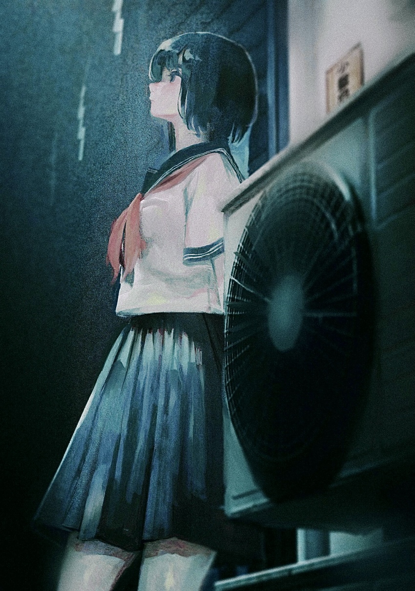 1girl, air_conditioner, black_skirt, bob_cut, closed_mouth, commentary, cowboy_shot, dark