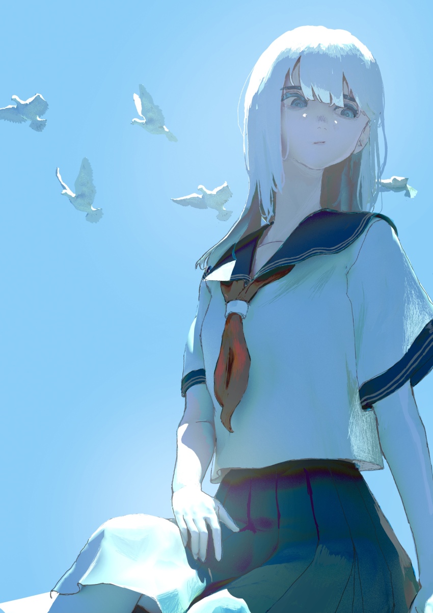 1girl, :/, absurdres, bird, black_skirt, closed_mouth, collarbone, commentary