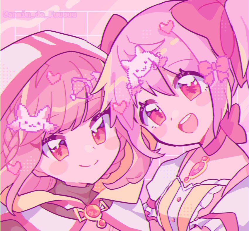 2girls, :d, arrow_(projectile), arrow_pixel, blunt_bangs, blush_stickers, bow_(weapon), bow_pixel, braid, breasts, buttons, center_frills, checkered_background, choker, chromatic_aberration, close-up, closed_mouth, dot_nose, eyelashes, flower, frilled_sleeves, frills, grid_background, hair_ribbon, halftone, heart, highres, hood, hood_up, kaname_madoka, kaname_madoka_(magical_girl), kyubey, looking_at_viewer, low_twin_braids, magia_record:_mahou_shoujo_madoka_magica_gaiden, mahou_shoujo_madoka_magica, multiple_girls, open_mouth, pastel_colors, pink_background, pink_choker, pink_eyes, pink_flower, pink_hair, pink_ribbon, pink_theme, pixel_heart, pixelated, puffy_short_sleeves, puffy_sleeves, ribbon, ribbon_choker, ribbon_pixel, round_teeth, short_sleeves, side-by-side, sidelocks, simple_background, small_breasts, small_kyubey, smile, soul_gem, sparkle, takenoko_mgrc, tamaki_iroha, tareme, teeth, tsurime, turtleneck, twin_braids, twintails, twitter_username, two-sided_fabric, two-sided_headwear, upper_body, upper_teeth_only, weapon