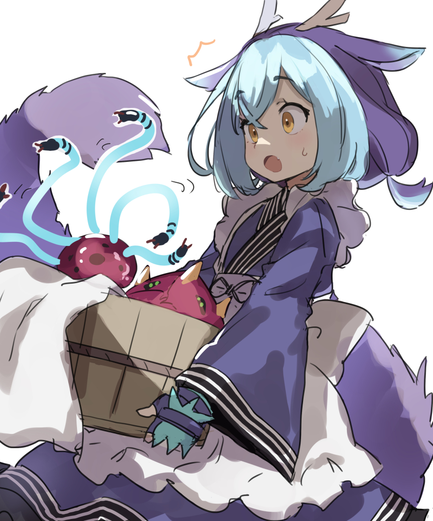 1girl, absurdres, apron, blue_hair, bucket, cowboy_shot, dragon_girl, dragonmaid_(yu-gi-oh!), dress, duel_monster, fingerless_gloves, gazacy_(dai), gloves, highres, holding, holding_bucket, horns, laundry_dragonmaid, long_sleeves, multicolored_hair, paleozoic_dinomischus, paleozoic_olenoides, purple_hair, sweatdrop, tail, tentacles, towel, white_background, wide_sleeves, yu-gi-oh!