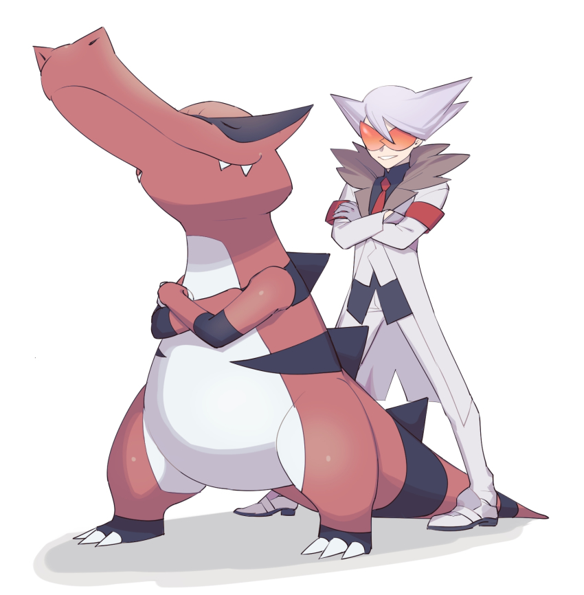 1boy, armband, black_shirt, coat, commentary_request, crossed_arms, fur-trimmed_coat, fur_trim