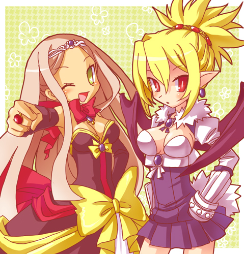 2girls, bat_wings, blonde_hair, blush, bow, breasts, cleavage, cosplay, costume_switch, demon_girl, detached_sleeves, disgaea, dress, green_eyes, jewelry, karina, long_hair, lowres, makai_senki_disgaea_2, makai_senki_disgaea_3, medium_breasts, multiple_girls, one_eye_closed, open_mouth, pointy_ears, red_eyes, rozalin, rozalin_(cosplay), sapphire_rhodonite, sapphire_rhodonite_(cosplay), skirt, smile, strapless, strapless_dress, tiara, wings, wink, yellow_bow