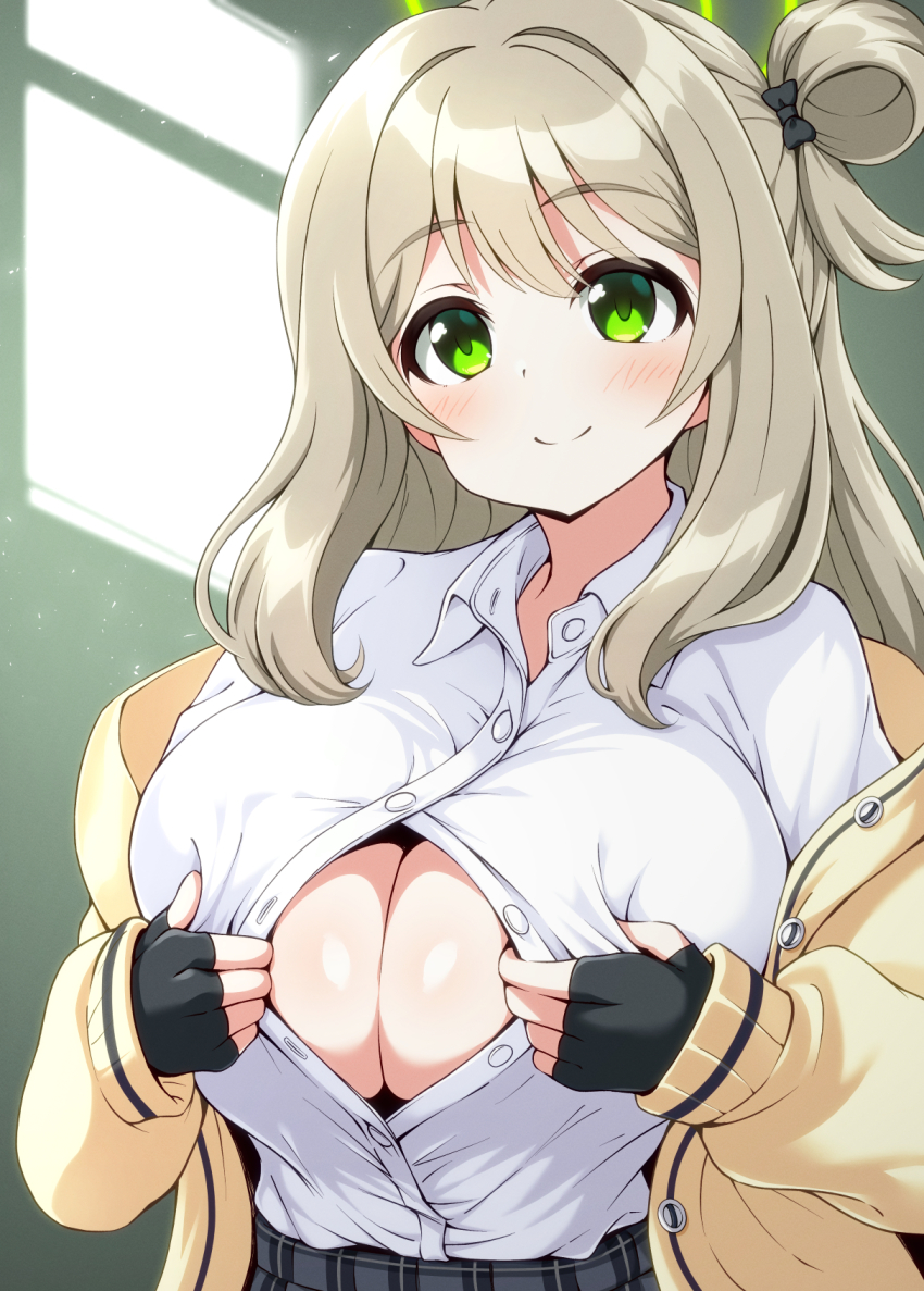 1girl, belt, black_gloves, blue_archive, blush, bow, breasts, brown_hair, button_gap, buttons, cleavage, closed_mouth, collarbone, collared_shirt, dress_shirt, fingerless_gloves, gloves, green_eyes, hair_bow, hair_bun, highres, hiraga_daidai, huge_breasts, indoors, large_breasts, long_hair, long_sleeves, looking_at_viewer, nonomi_(blue_archive), off_shoulder, one_side_up, open_clothes, open_shirt, paizuri_invitation, partially_unbuttoned, shirt, single_hair_bun, skirt, sleeves_past_wrists, smile, solo, spread_cleavage, unbuttoned, unbuttoned_shirt, underwear, upper_body, white_shirt