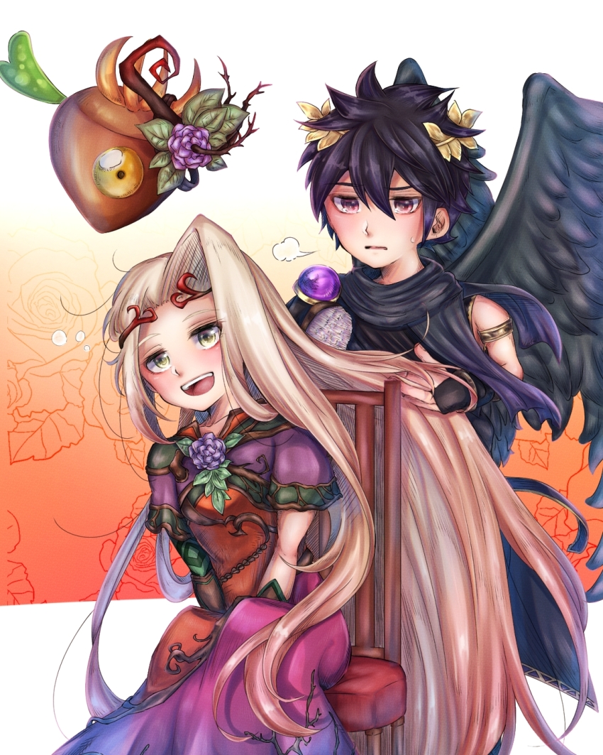 1boy, 1girl, 1other, angel, angel_wings, black_hair, black_wings, blonde_hair, blush, brushing_another's_hair, brushing_hair, chair, dark_pit, dress, flower, hair_between_eyes, hair_flower, hair_ornament, hairband, highres, holding_another's_hair, kid_icarus, kid_icarus_uprising, leaf, leaf_background, long_hair, looking_at_another, nemu_(ut_kakinotane), nintendo, nutski, on_chair, red_eyes, single_eye, sitting, smile, sweat, very_long_hair, viridi, wings, yellow_eyes