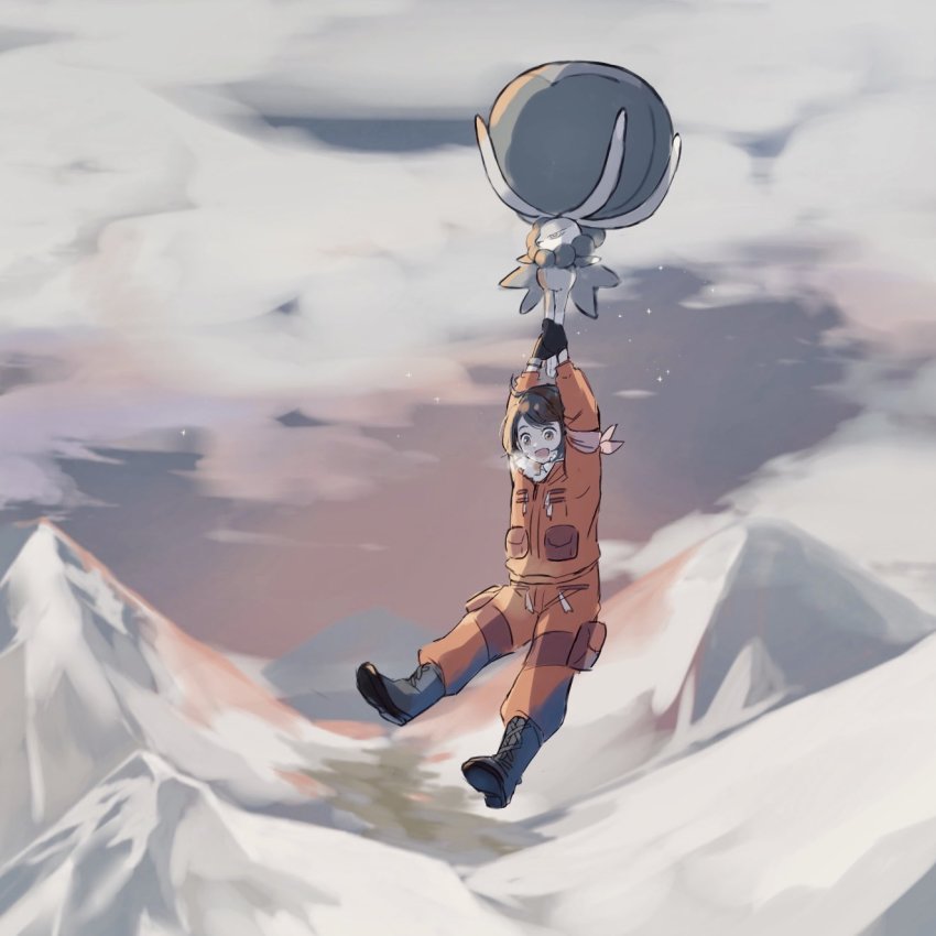 1girl, 9no_kabe, :d, arm_ribbon, arms_up, black_footwear, black_gloves, bob_cut