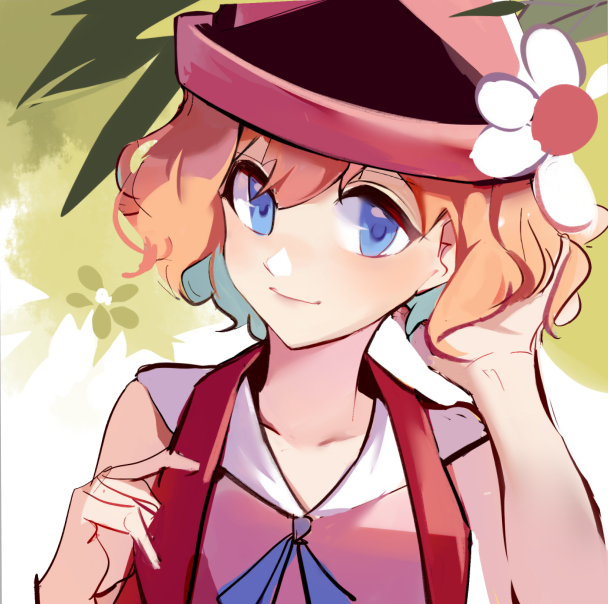 1girl, bare_arms, blue_eyes, blue_ribbon, closed_mouth, collarbone, commentary_request, flower