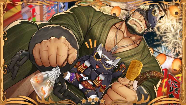 balor_(housamo), banana, bara, bare_pectorals, beard, blonde_hair, blue_eyes, chain