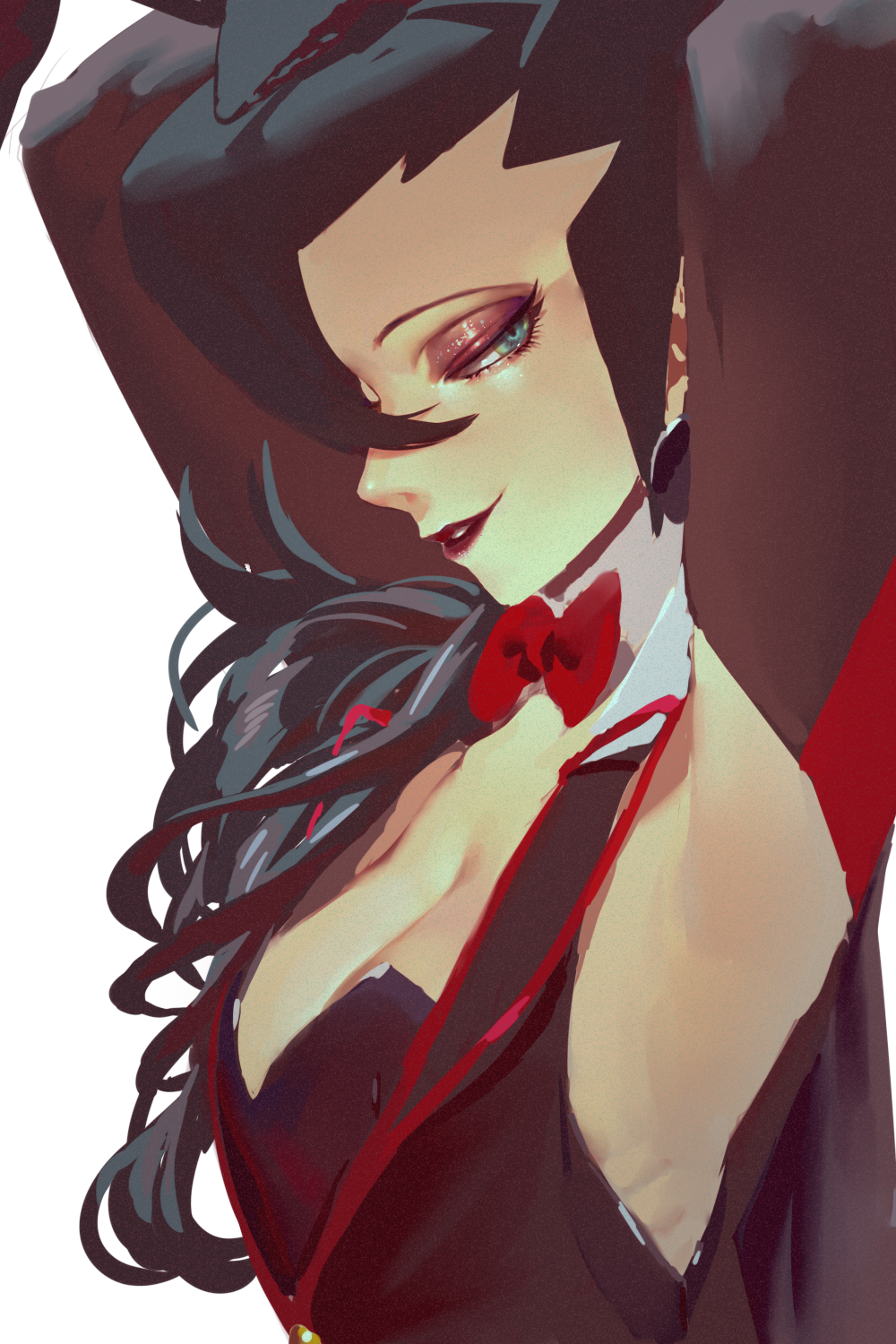 1girl, alternate_costume, armpits, arms_behind_head, black_hair, bow, bowtie, breasts