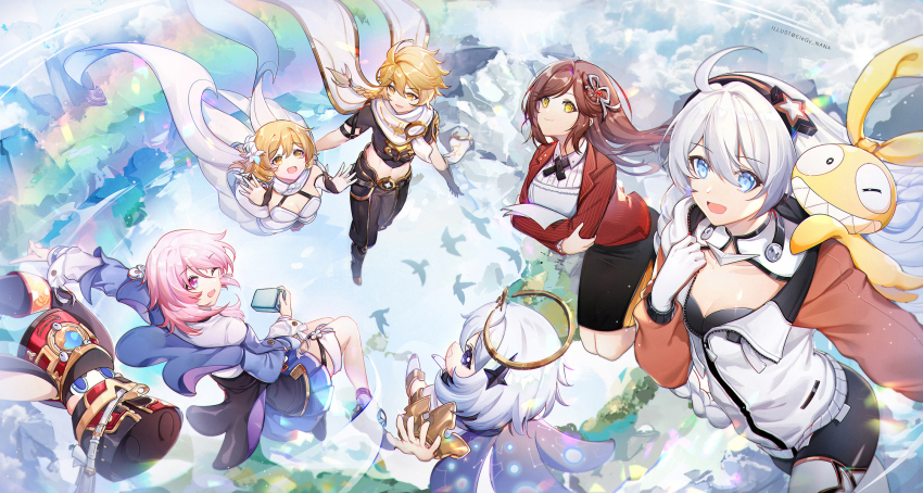 1boy, 5girls, :d, aether_(genshin_impact), bird, black_eyes, black_scarf, black_skirt, blonde_hair, blue_eyes, blue_jacket, blue_sky, bodysuit, braid, braided_ponytail, breasts, brown_hair, brown_pants, camera, cape, cleavage, closed_mouth, cloud, cloudy_sky, company_connection, cropped_legs, crossover, floating, full_body, genshin_impact, green_eyes, hair_ornament, halo, highres, holding, holding_camera, homu_(honkai_impact), honkai:_star_rail, honkai_(series), honkai_impact_3rd, jacket, kiana_kaslana, kiana_kaslana_(white_comet), long_hair, long_sleeves, looking_at_viewer, lumine_(genshin_impact), march_7th_(honkai:_star_rail), march_7th_(preservation)_(honkai:_star_rail), medium_hair, mihoyo, multiple_girls, nana895, one_eye_closed, open_mouth, outdoors, outstretched_arms, paimon_(genshin_impact), pants, pink_eyes, pink_hair, polo_shirt, pom-pom_(honkai:_star_rail), rainbow, red_jacket, romper, rosa_(tears_of_themis), scarf, shirt, short_sleeves, skirt, sky, smile, tears_of_themis, twin_braids, white_bodysuit, white_cape, white_hair, white_romper, white_scarf, white_shirt, yellow_eyes