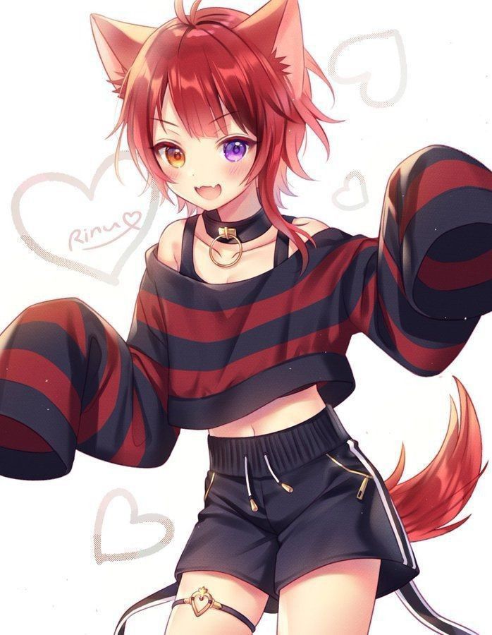 1boy, animal_ears, collar, crop_top, dog_boy, dog_ears, fangs, haruya_(lajoon), heart, heterochromia, looking_at_viewer, male_focus, multicolored_hair, multiple_boys, non-web_source, open_mouth, pants, purple_eyes, red_eyes, red_hair, rinu_(niconico), shirt, short_hair, shorts, simple_background, smile, solo, stomach, strawberry_prince, striped_clothes, striped_shirt, tail, utaite, yellow_eyes