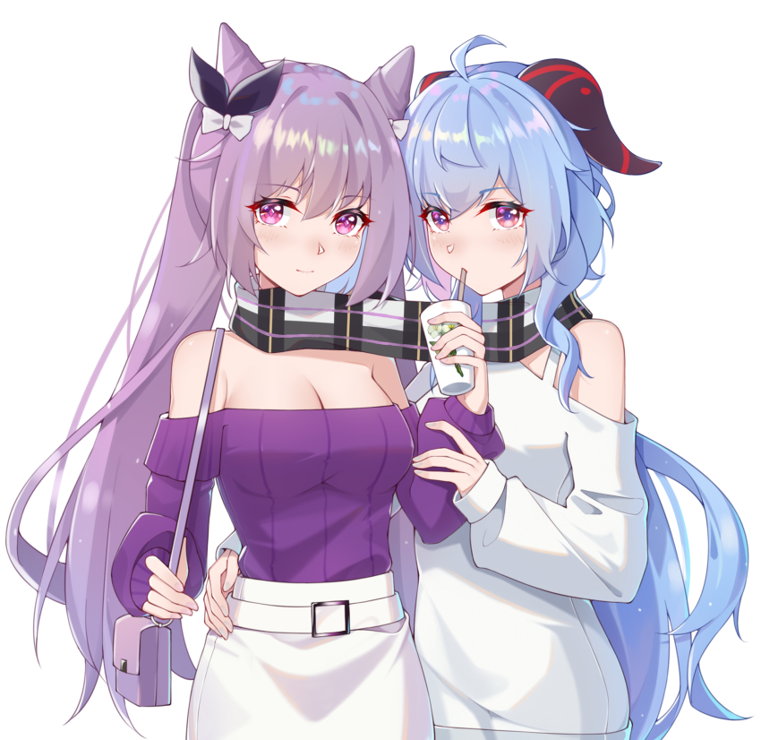 2girls, ahoge, bag, blue_hair, bow, breasts, cleavage, cone_hair_bun, cup, diamond-shaped_pupils, diamond_(shape), disposable_cup, drinking, drinking_straw, ganyu_(genshin_impact), genshin_impact, goat_horns, hair_bow, hair_bun, hand_on_another's_hip, high-waist_skirt, highres, horns, ironmarch, keqing_(genshin_impact), keqing_(lantern_rite)_(genshin_impact), long_hair, looking_at_viewer, medium_breasts, multiple_girls, off-shoulder_shirt, off-shoulder_sweater, off_shoulder, official_alternate_costume, plaid_clothes, plaid_scarf, purple_eyes, purple_hair, purple_sweater, scarf, shared_clothes, shared_scarf, shirt, shoulder_bag, skirt, smile, sweater, symbol-shaped_pupils, twintails, white_background, white_shirt, white_skirt, yuri