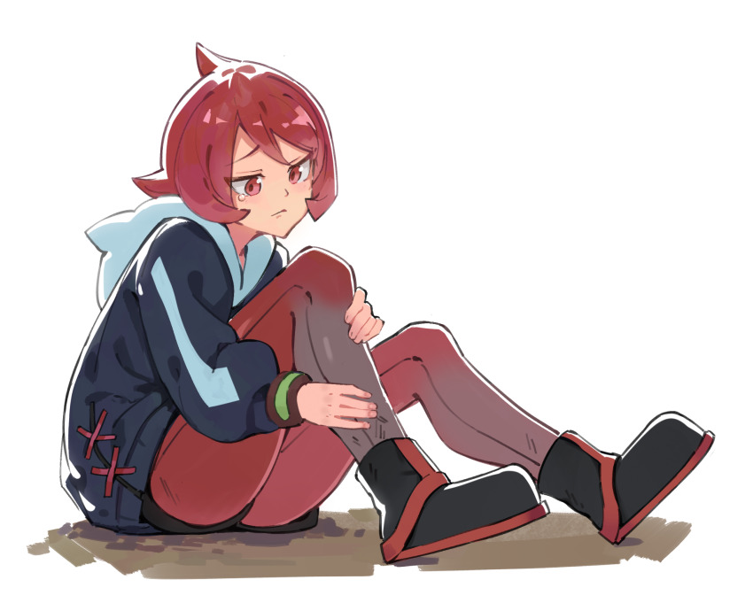 1girl, arezu_(pokemon), black_boots, black_shorts, boots, cchhii3, closed_mouth, commentary_request, cowlick, full_body, gradient_legwear, grey_jacket, highres, jacket, long_sleeves, looking_down, nintendo, pantyhose, pantyhose_under_shorts, pink_eyes, pokemon, pokemon_legends:_arceus, raised_eyebrow, red_hair, sad, short_hair, shorts, sitting, solo, tearing_up, white_background