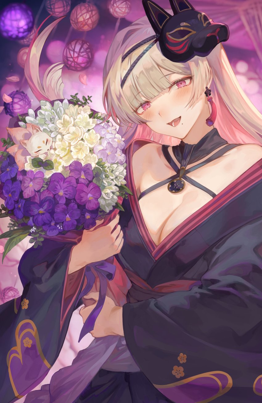 1girl, :d, absurdres, black_kimono, blonde_hair, blunt_bangs, blush, bouquet