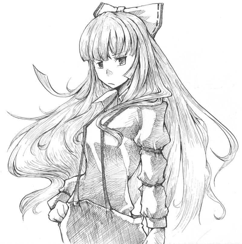 1girl, bad_id, bad_pixiv_id, female_focus, fujiwara_no_mokou, greyscale, hair_ribbon, long_hair