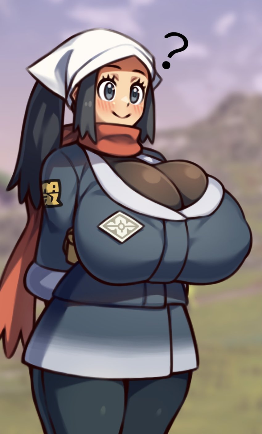 1girl, ?, akari_(pokemon), alternate_breast_size_(larger), arms_behind_back, bandana, black_eyes, black_hair